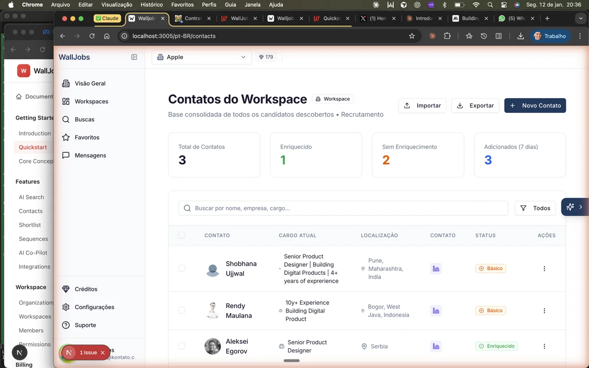 Contacts list showing candidate profiles with details