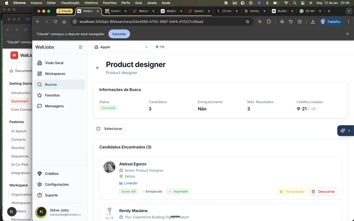 Search results showing candidate cards with match scores